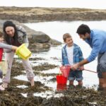 Young family at beach collecting shells